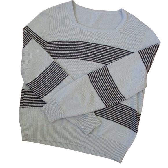 90s Vintage Knit Sweater Striped Gray and Black Size M Square Neck Union Made - Picture 15 of 16